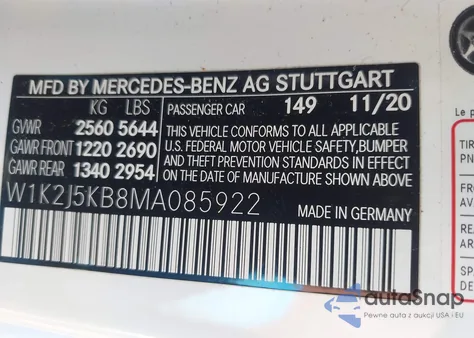2021 Mercedes-Benz Cls 450 4Matic z USA, uszkodzony, nr VIN W1K2J5KB8MA085922